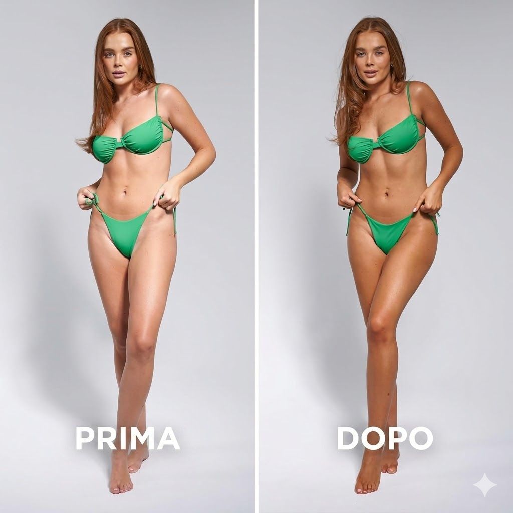Confronto prima-dopo. Donna in bikini verde. A sinistra: pelle chiara. A destra: pelle abbronzata. Testo: Prima/Dopo.
