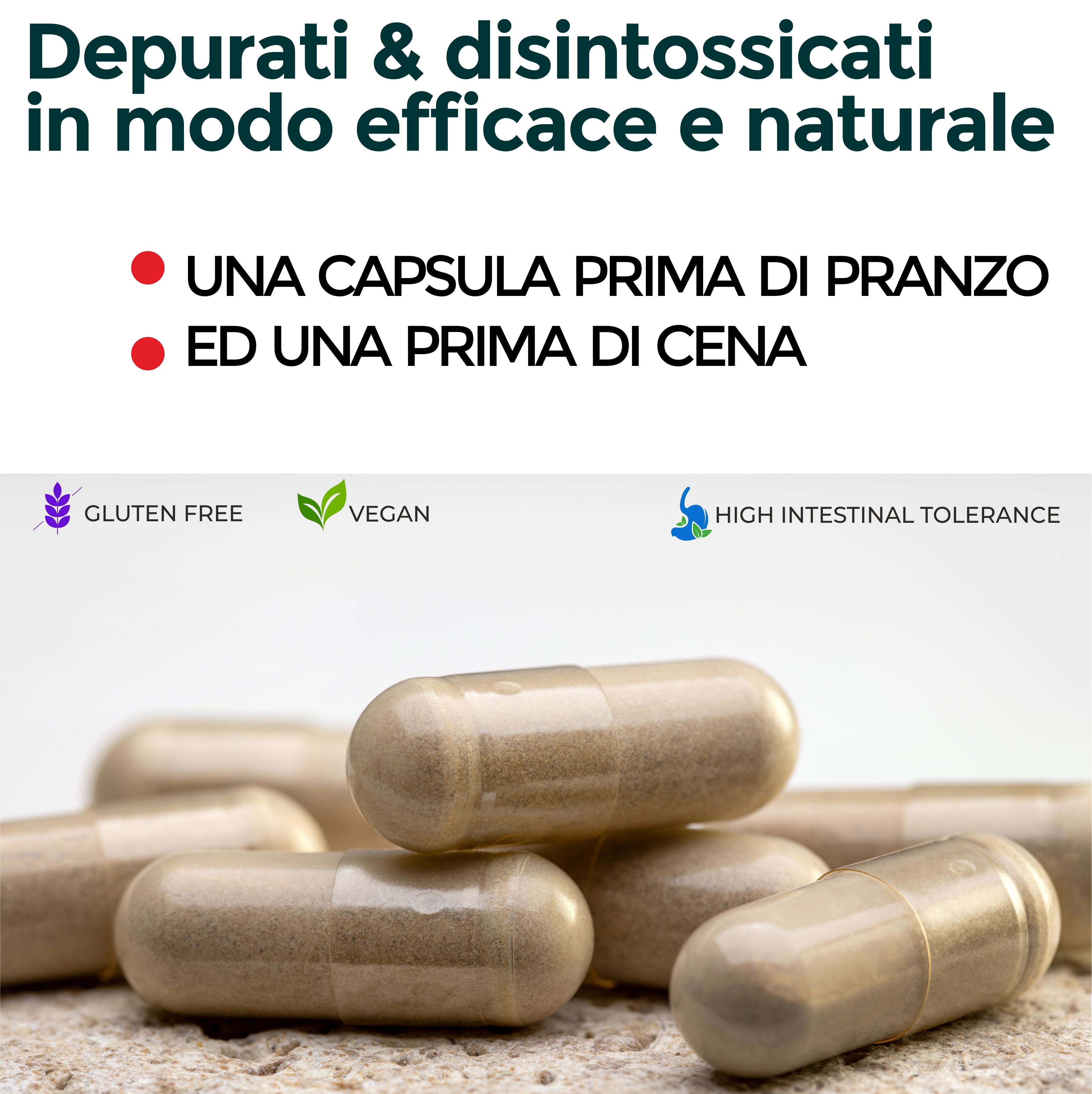 Primo piano di capsule. Le capsule sono marrone chiaro e oblunghe. Testo: Senza glutine, Vegano, Alta tolleranza intestinale.