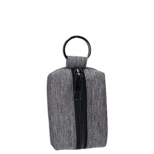 Borsa per medicinali grigia con cerniera e portachiavi, chiusa.