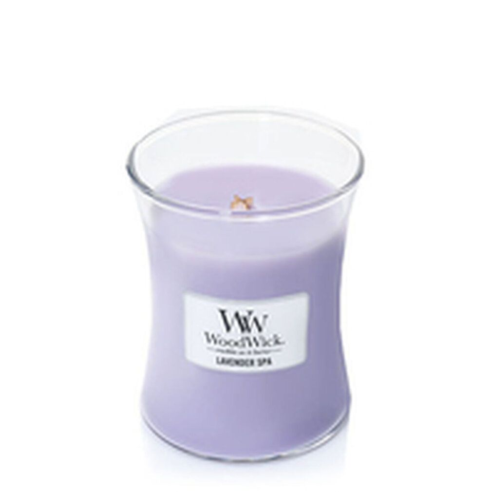 Candela a clessidra con etichetta "WoodWick Lavender Spa".
