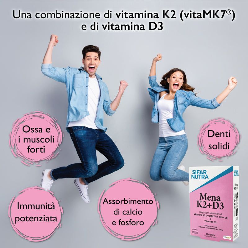 Due persone saltano. Confezione Sifar Nutra Mena K2+D3. Testo: ossa, muscoli, denti, immunità, calcio.