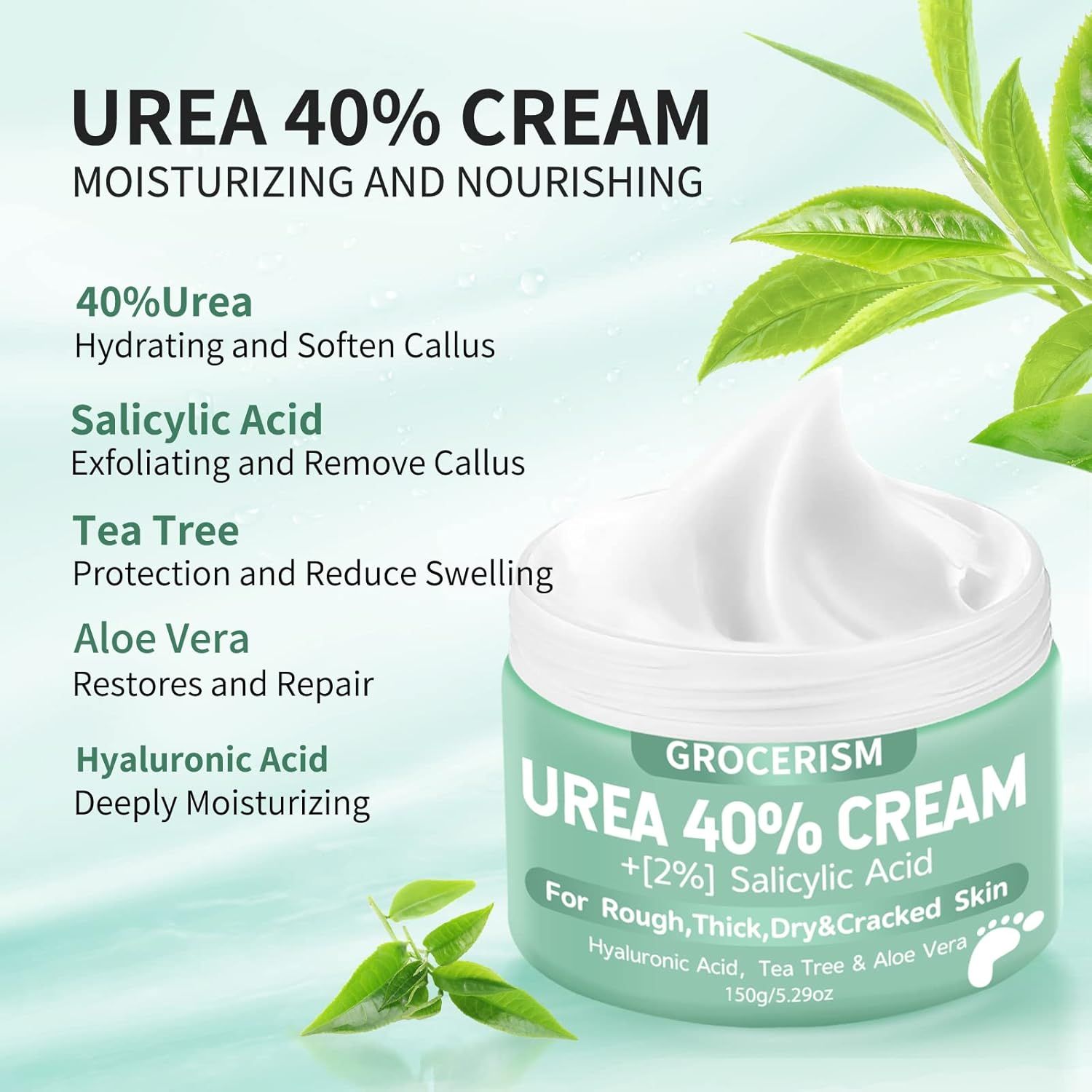 Vasetto verde con crema bianca. Scritta: Grocerism Urea 40% Cream. Contiene acido salicilico, tea tree e aloe vera. Testo sugli ingredienti.