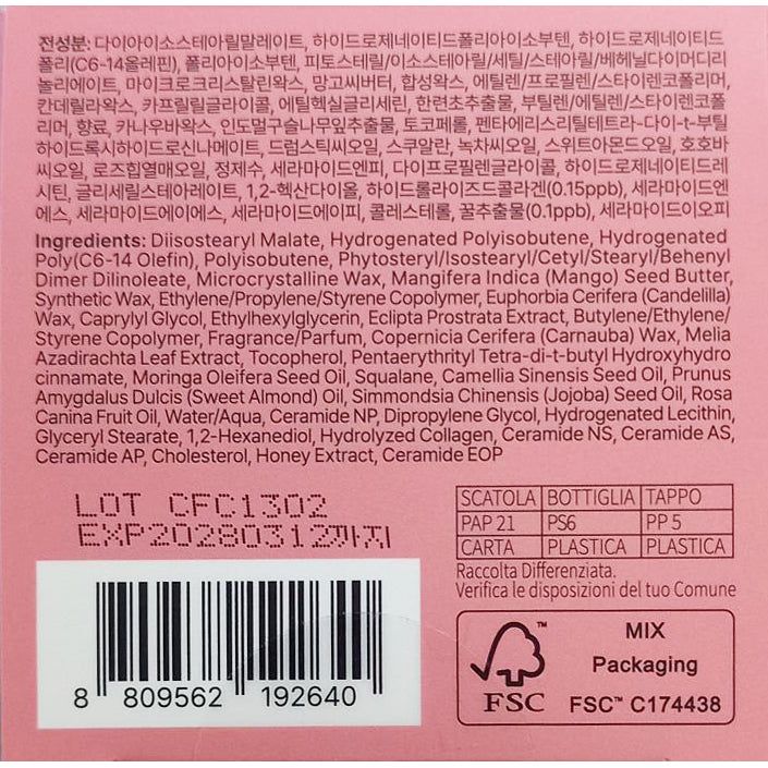 Elenco ingredienti e numero di lotto su confezione rosa.