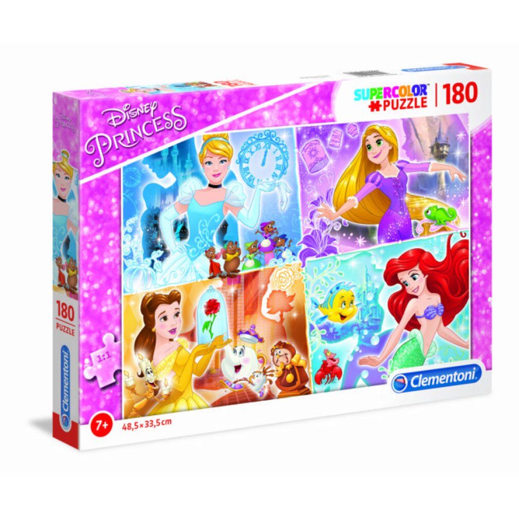 Puzzle Clementoni, 180 pezzi, Disney Princess. La confezione mostra quattro motivi del puzzle. Età consigliata 7+. Dimensioni 48,5x33,5 cm.