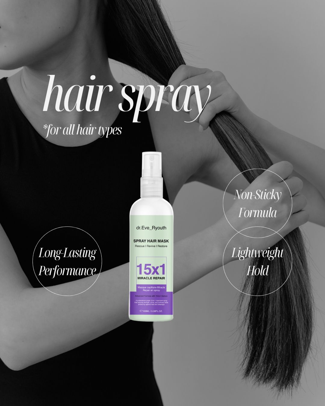Maschera per capelli spray. Flacone davanti a una persona che si pettina. Testo: 15x1 Miracle Repair.