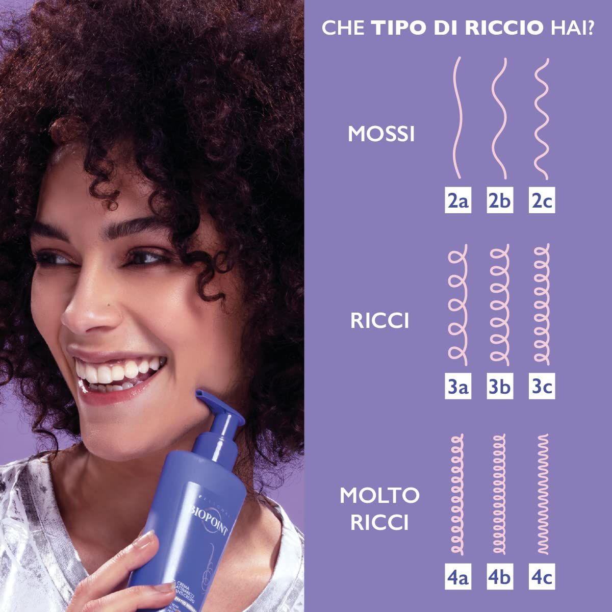Donna con capelli ricci tiene in mano flacone viola Biopoint. Grafico tipi di ricci. Testo: «Che tipo di riccio hai?»