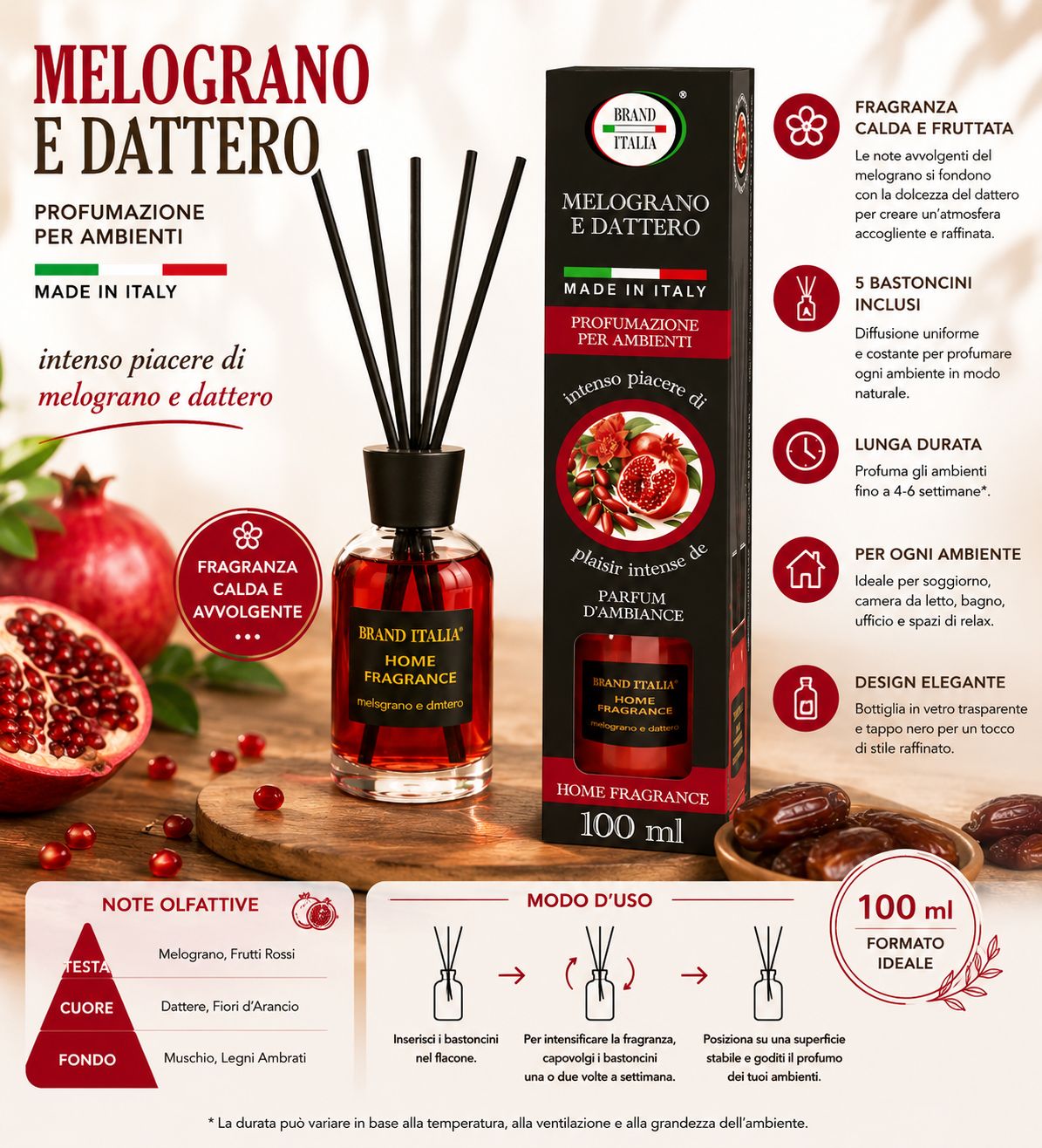 Flacone in vetro di profumo per ambienti rosso con bastoncini, accanto alla confezione. Fragranza melograno e dattero.