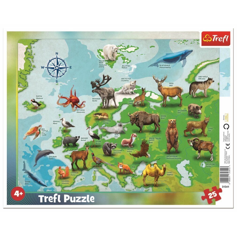 Puzzle Trefl Mappa Europa con animali, 25 pezzi. Mappa Europa illustrata con animali. Età consigliata: 4+. Confezione.