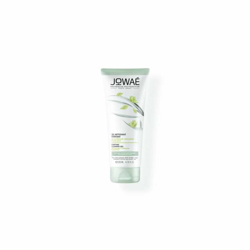 Tubo bianco e verde con logo JOWAE. Testo: Gel Nettoyant Purifiant, Purifying Cleansing Gel. 200ml.