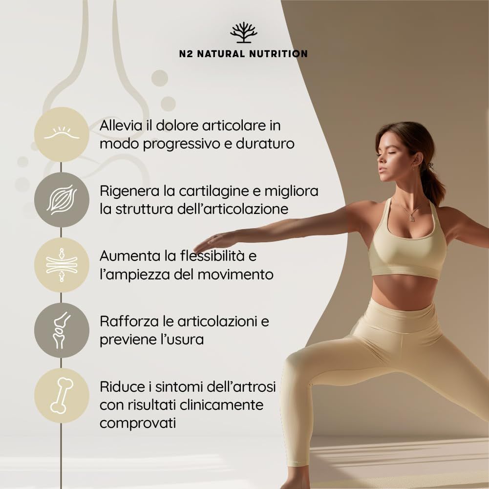 Donna in posa yoga. Testo: Allevia il dolore, rigenera la cartilagine, aumenta la flessibilità, rafforza le articolazioni, riduce l'artrosi.