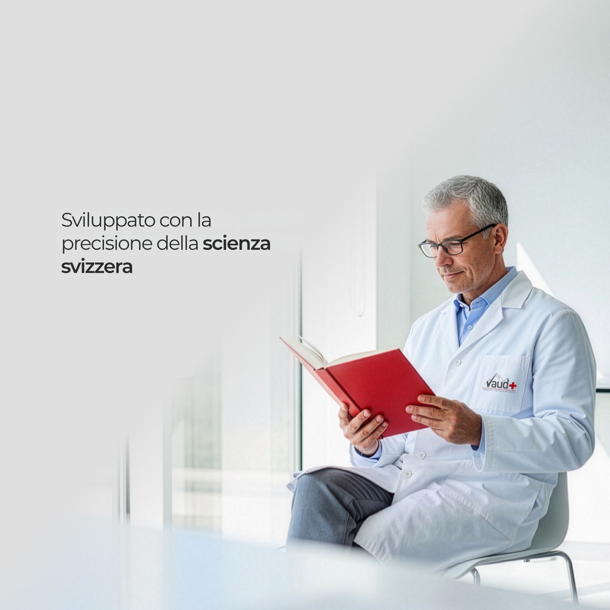 Uomo in camice bianco legge un libro rosso. Testo: Sviluppato con la precisione della scienza svizzera.