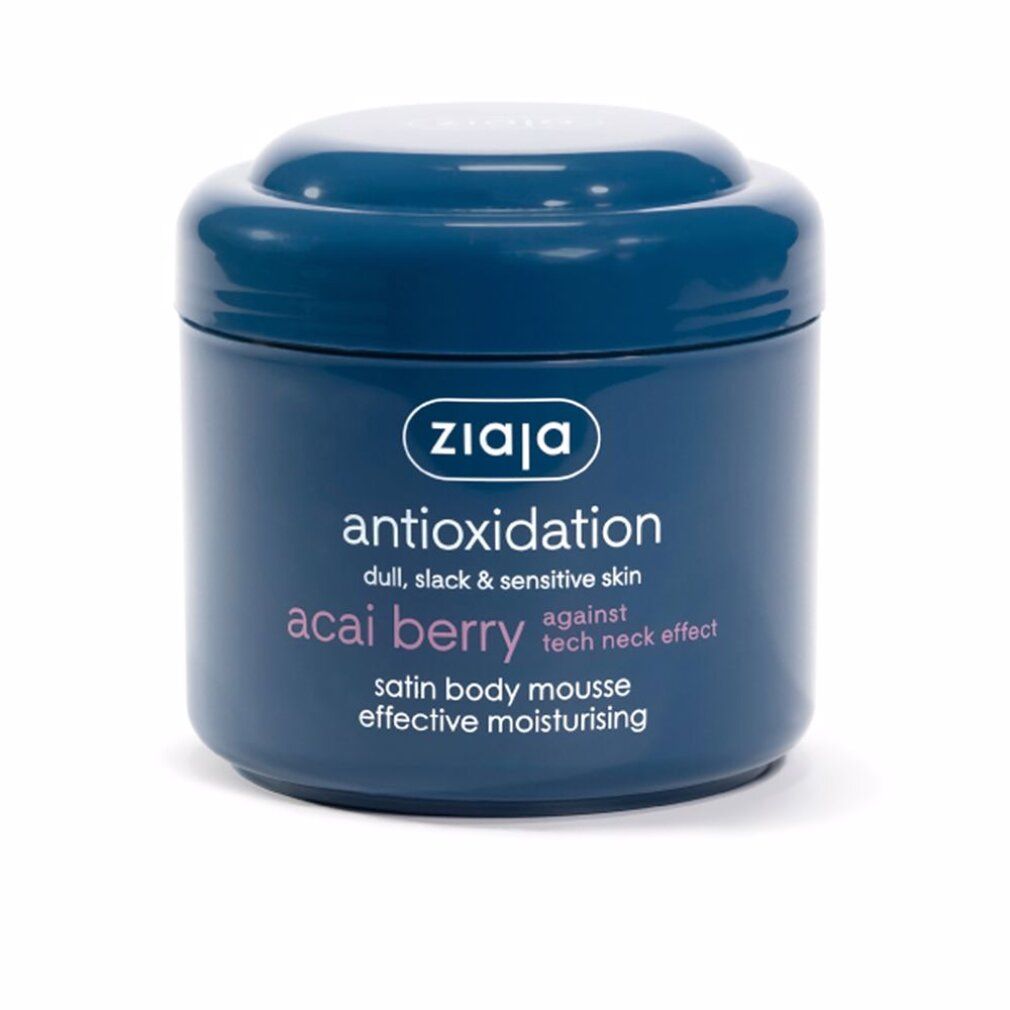 Vasetto blu con coperchio bianco. Scritta: Ziaja, Antioxidantion, Acai Berry, Satin Body Mousse. Contro l'effetto tech neck.