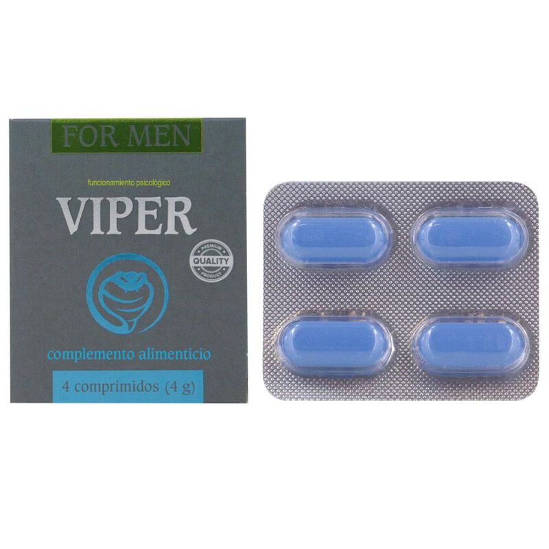 Scatola e blister con capsule blu. Scritta "VIPER" e "4 comprimidos".