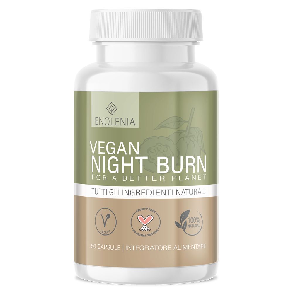 Flacone bianco con etichetta verde. Scritta: Vegan Night Burn, 50 capsule. Loghi: Vegan, cruelty-free, 100% naturale.