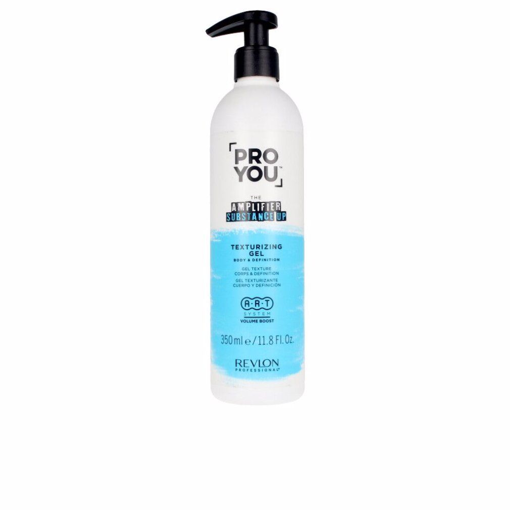 Flacone con erogatore nero. Scritta: PRO YOU, THE AMPLIFIER SUBSTANCE UP, TEXTURIZING GEL. Colori blu e bianco.