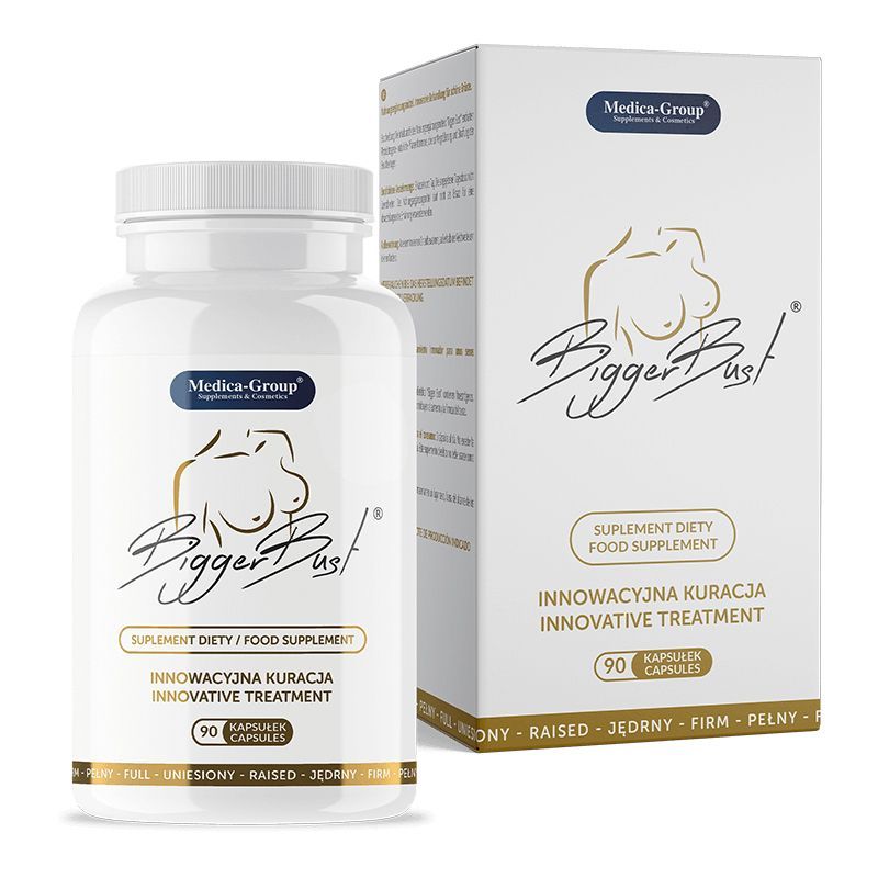 Capsule Medica-Group Bigger Bust: contenitore bianco e scatola di cartone con simbolo del seno.