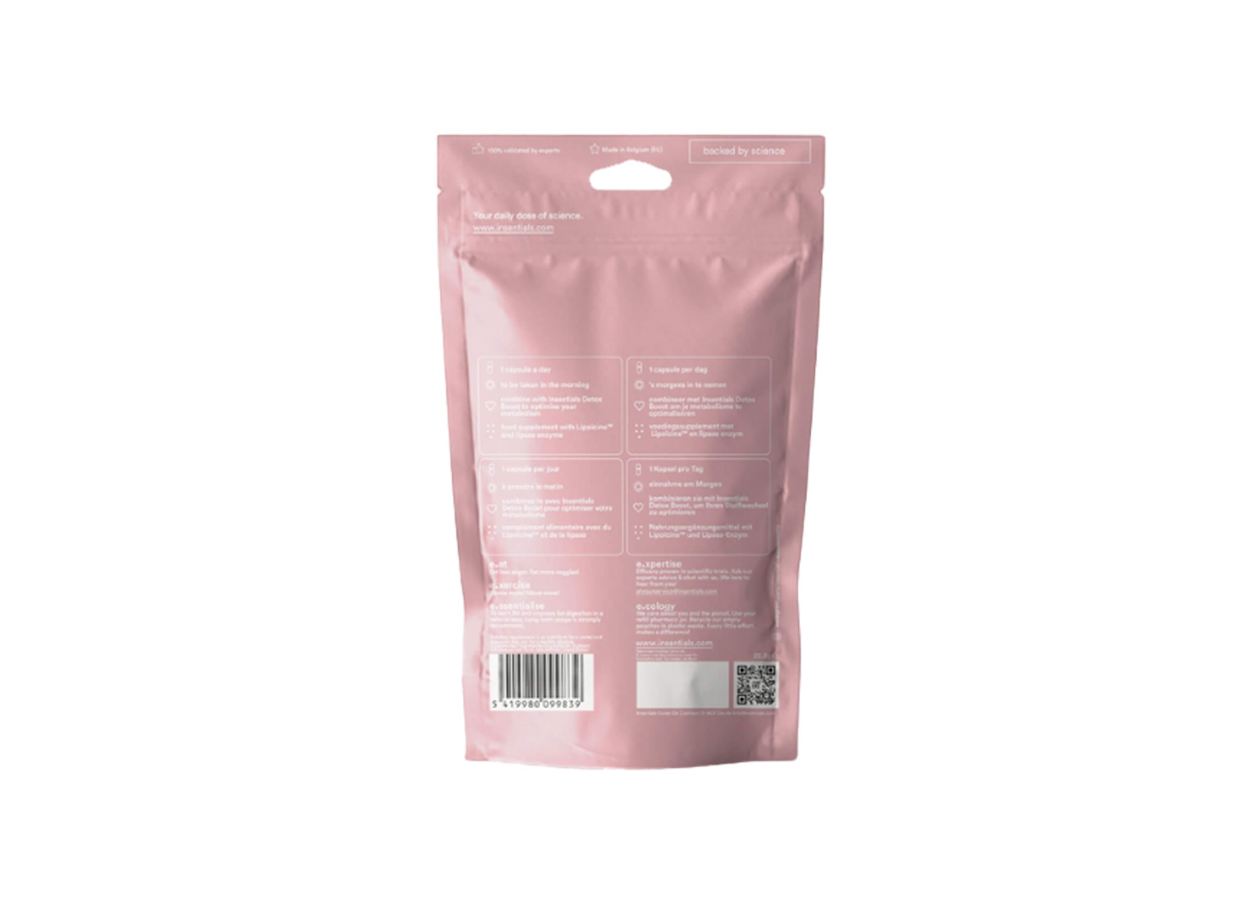 Retro di una confezione rosa con informazioni sul prodotto e codice a barre.