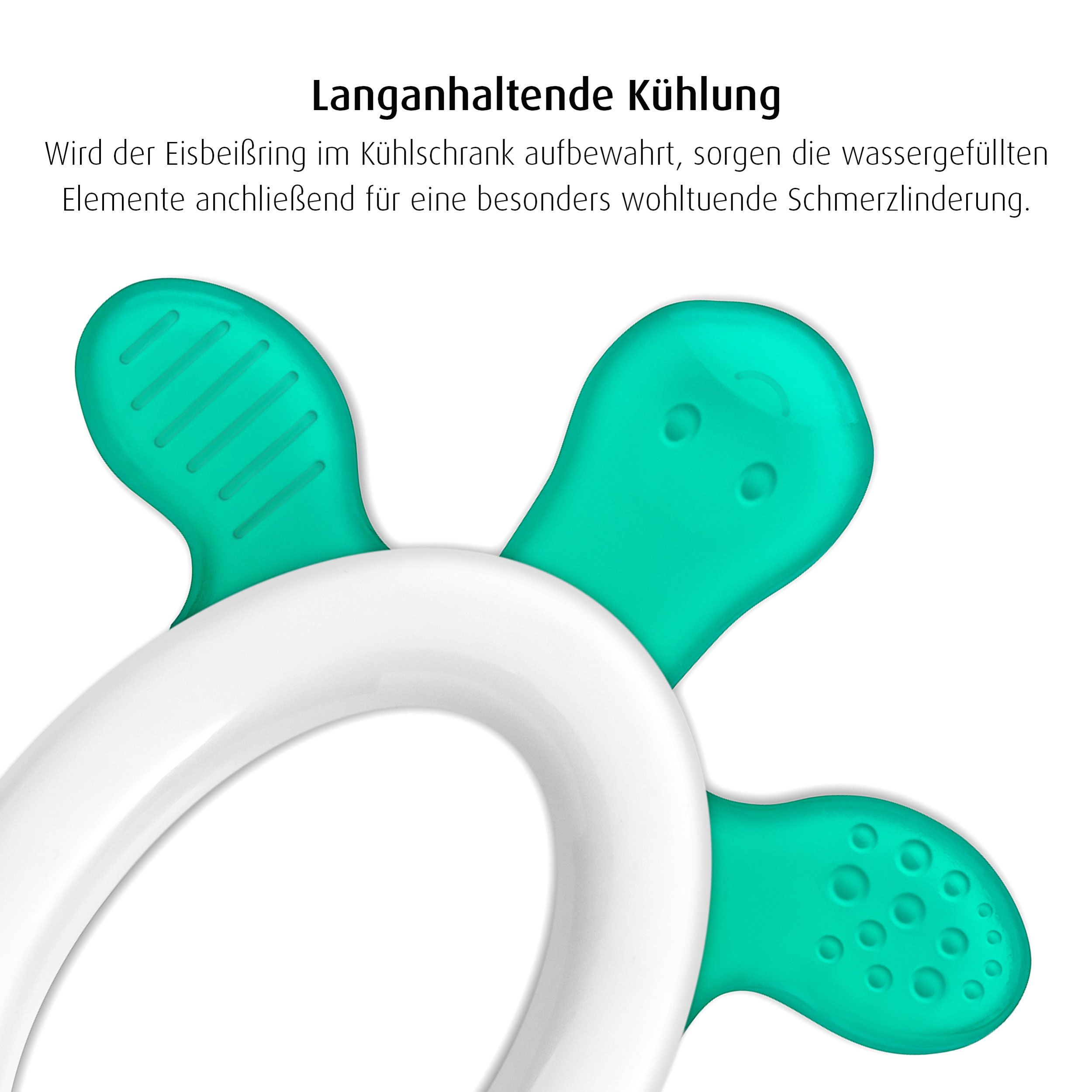 Anello di dentizione refrigerante a forma di fiore. Verde e bianco. I petali sono verdi, l'anello è bianco.