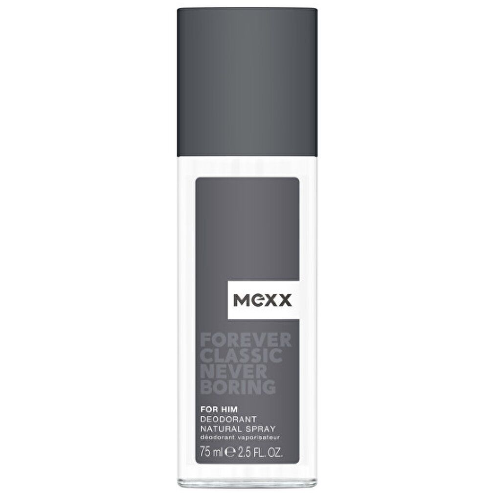 Spray deodorante per uomo. Tappo grigio, forma rettangolare. Scritta: MEXX, Forever Classic Never Boring. 75 ml.