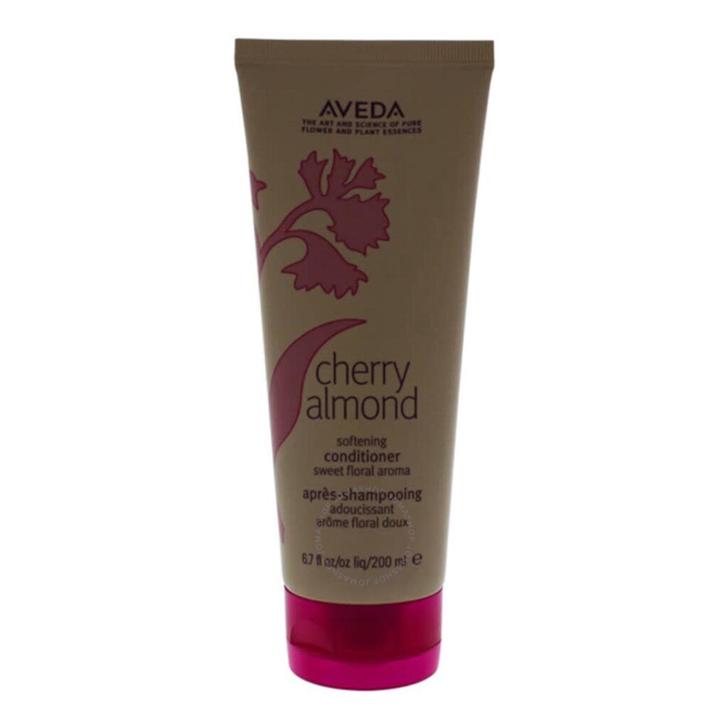 Tubo beige con tappo rosa. Scritta: Aveda, Cherry Almond, Softening Conditioner. Design floreale rosa.