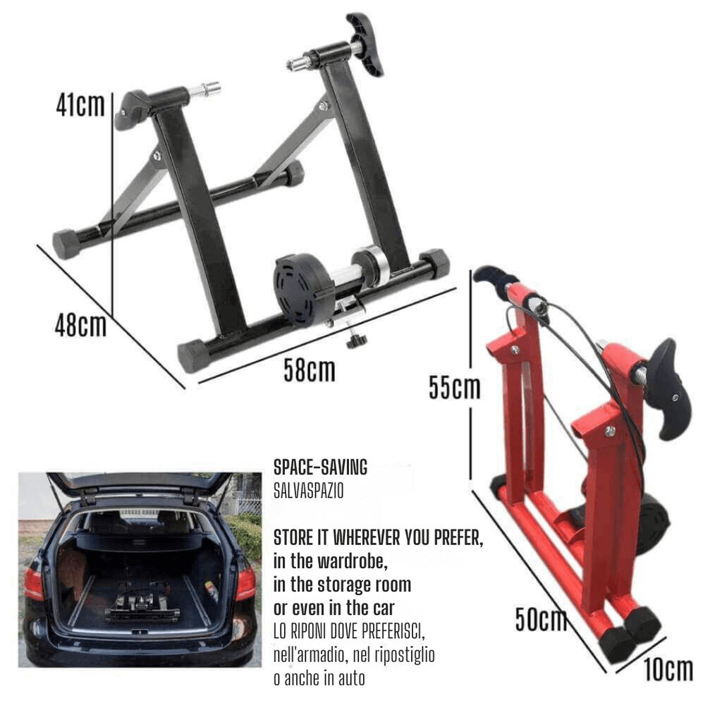 Rullo per bici pieghevole nero con dimensioni. Illustrata anche un'auto con il rullo nel bagagliaio.