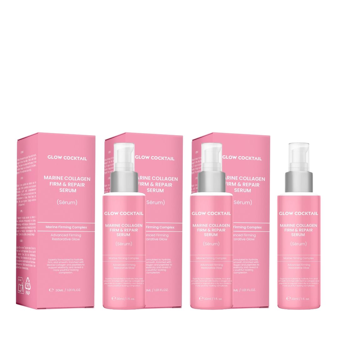 Tre flaconi di siero rassodante e riparatrice al collagene marino Glow Cocktail con confezione rosa.