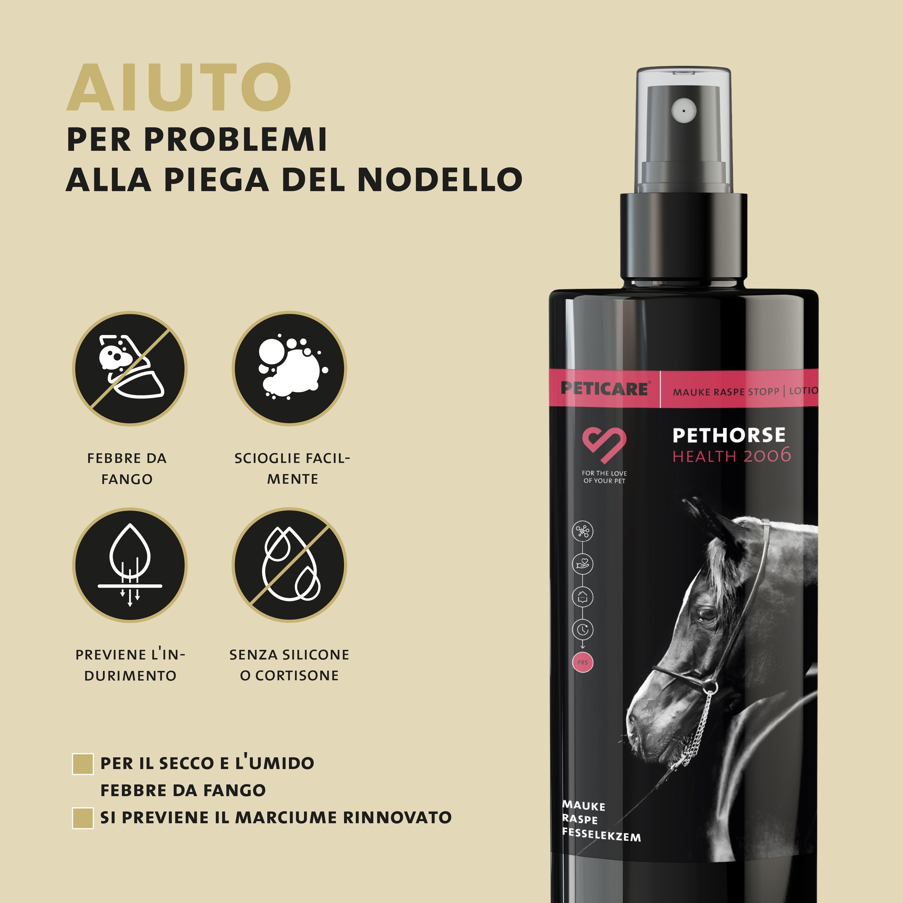 Flacone nero. Testo: Pethorse Health 2000. Testo: Aiuto per i problemi alla piega del nodello. Testo: Per la rogna secca e umida.