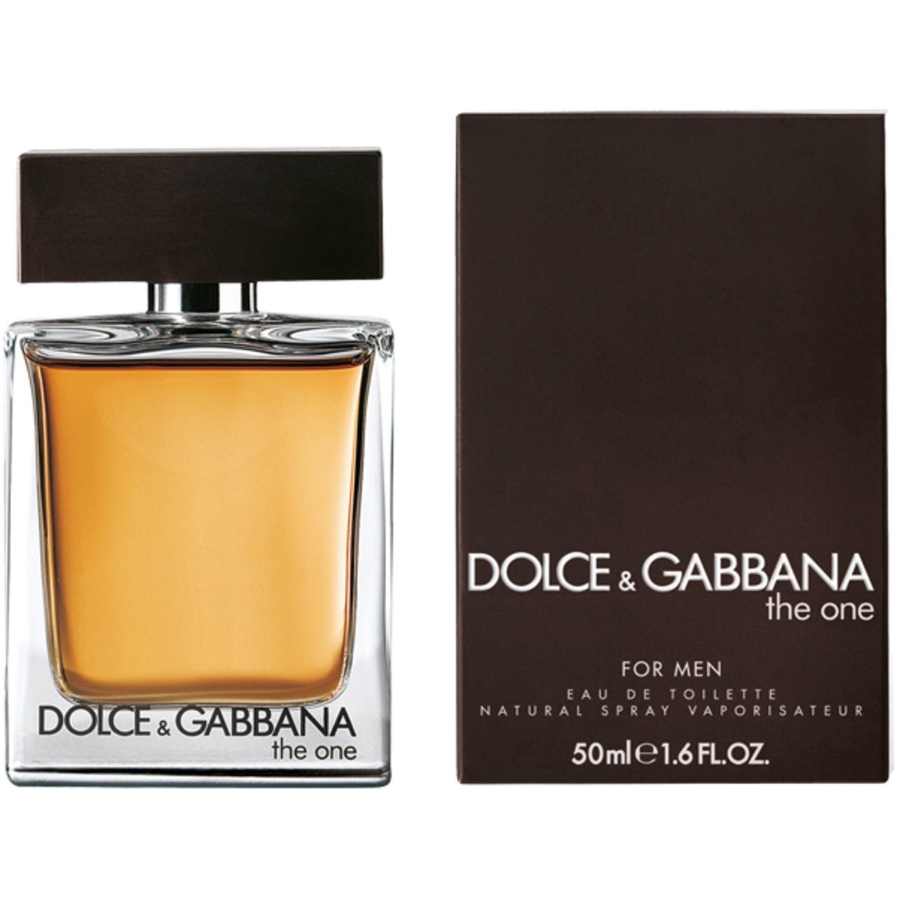 Flacone in vetro con tappo marrone e scatola. Scritta: Dolce & Gabbana, The One, For Men, Eau de Toilette, 50ml.