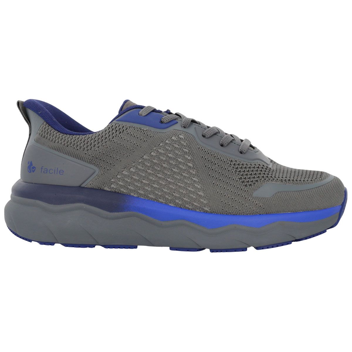 Scarpa sportiva grigia da uomo con accenti blu e tomaia in mesh. Marca: FACILE.