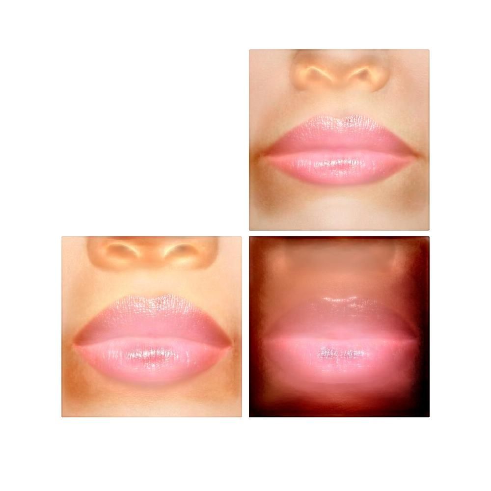 Quattro primi piani di labbra coperte da un prodotto rosa.