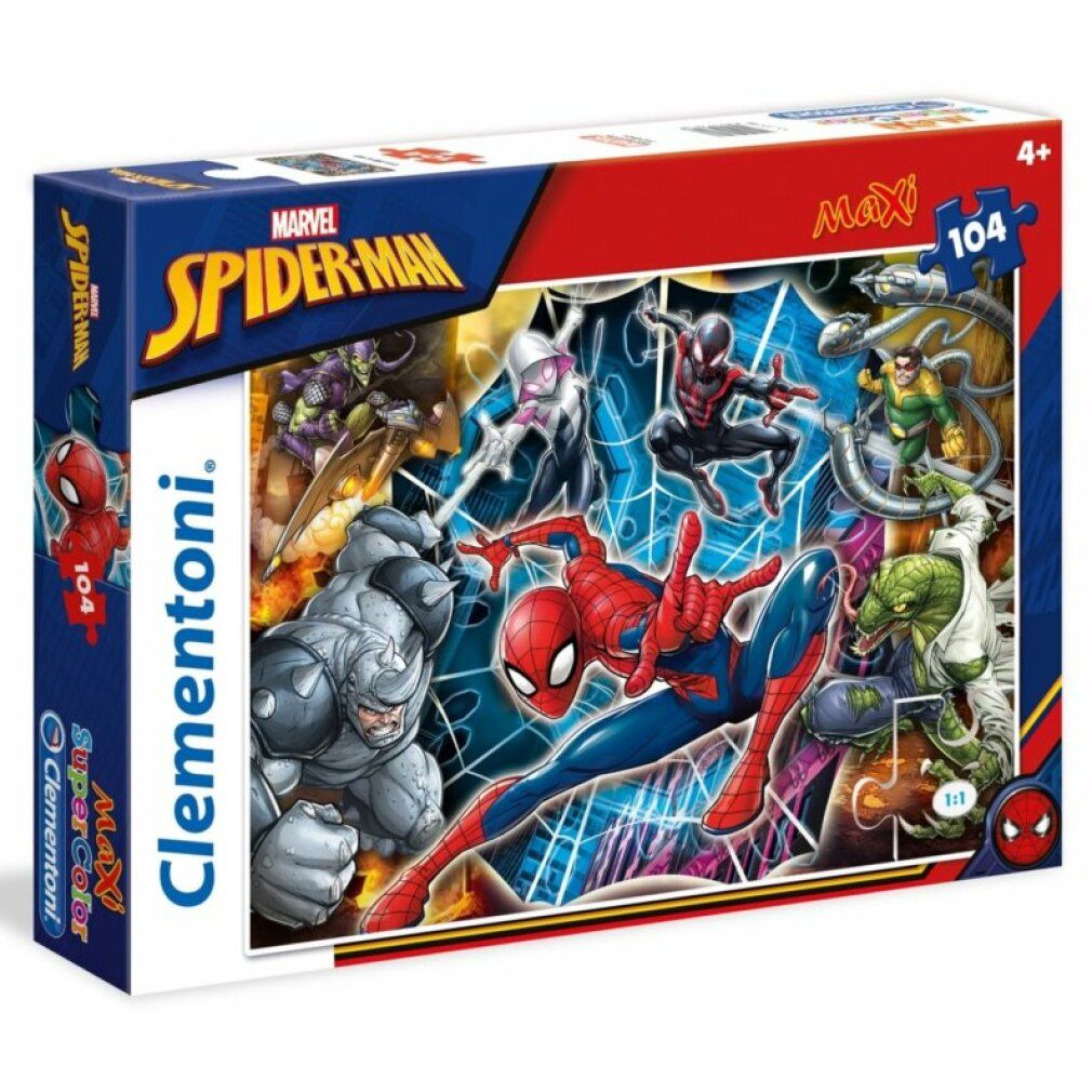Scatola puzzle Spiderman. Contiene 104 pezzi. Marchio: Clementoni. Puzzle Maxi per bambini dai 4 anni in su. Confezione con immagine del prodotto.