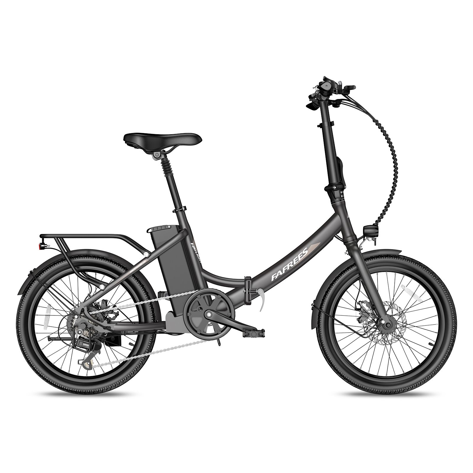 E-bike pieghevole nera con batteria, portapacchi e faro. Marchio FAFREES.