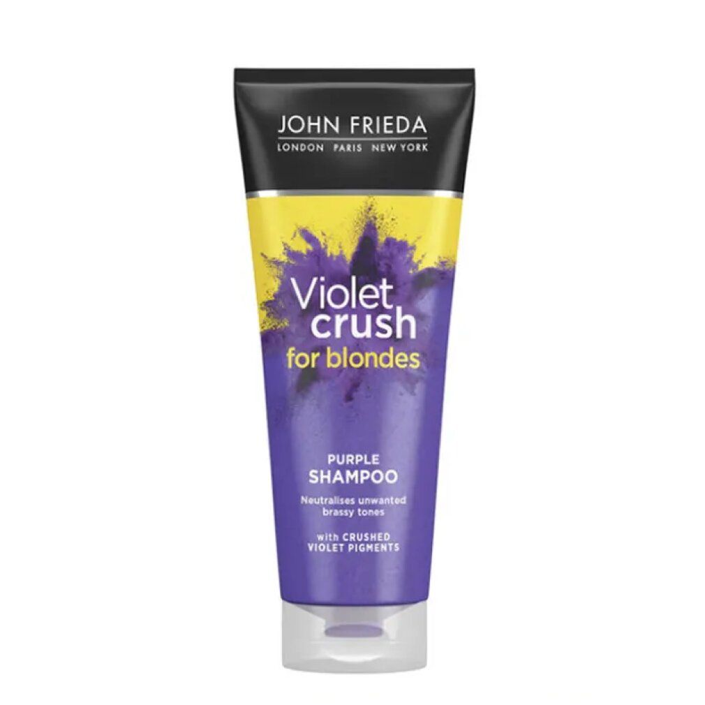 Tubo di shampoo viola. Tappo nero, sfondo giallo. Scritta: Violet Crush for blondes, Purple Shampoo.
