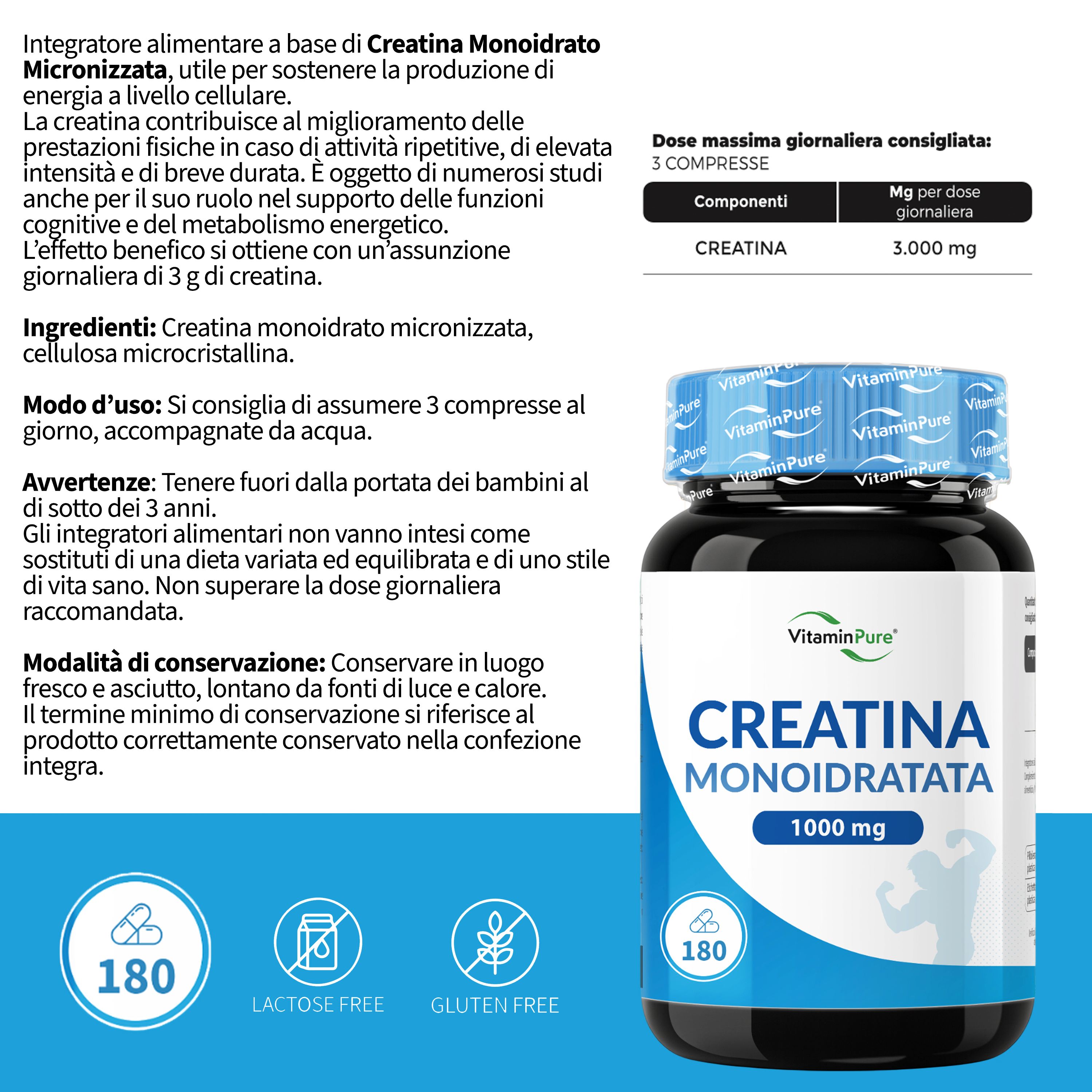 Flacone Creatina Monoidrata, 1000 mg, 180 compresse. Senza glutine, senza lattosio. Dose giornaliera: 3 compresse.