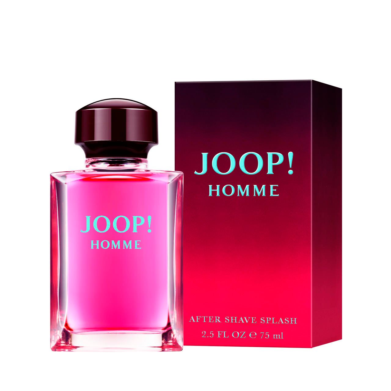 Flacone e confezione Joop! Homme After Shave. Liquido rosa, tappo nero. Scritta JOOP! HOMME.