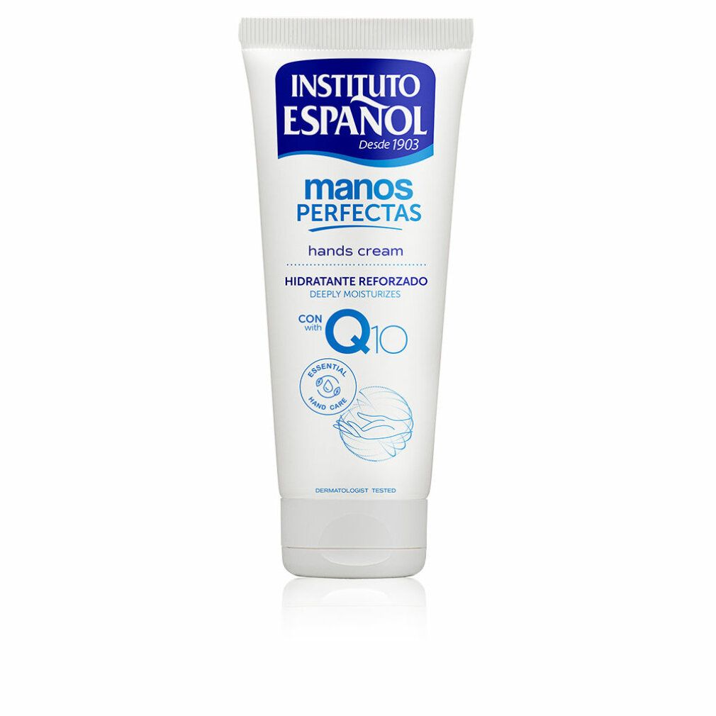 Tubo bianco con logo blu Instituto Español, scritta 'manos perfectas', 'hands cream' e 'Q10'.