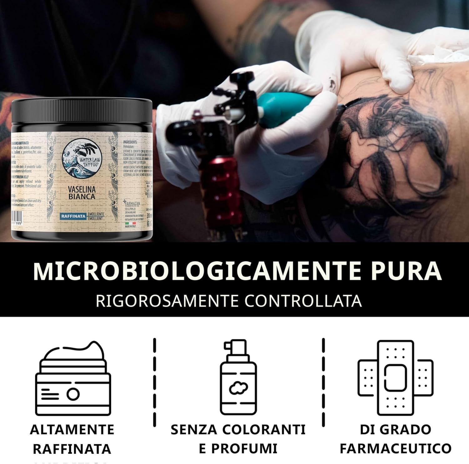 Vasetto nero con etichetta. Testo: Water Law Tattoo Vaselina Bianca. Microbiologicamente pura. Senza coloranti e profumi.