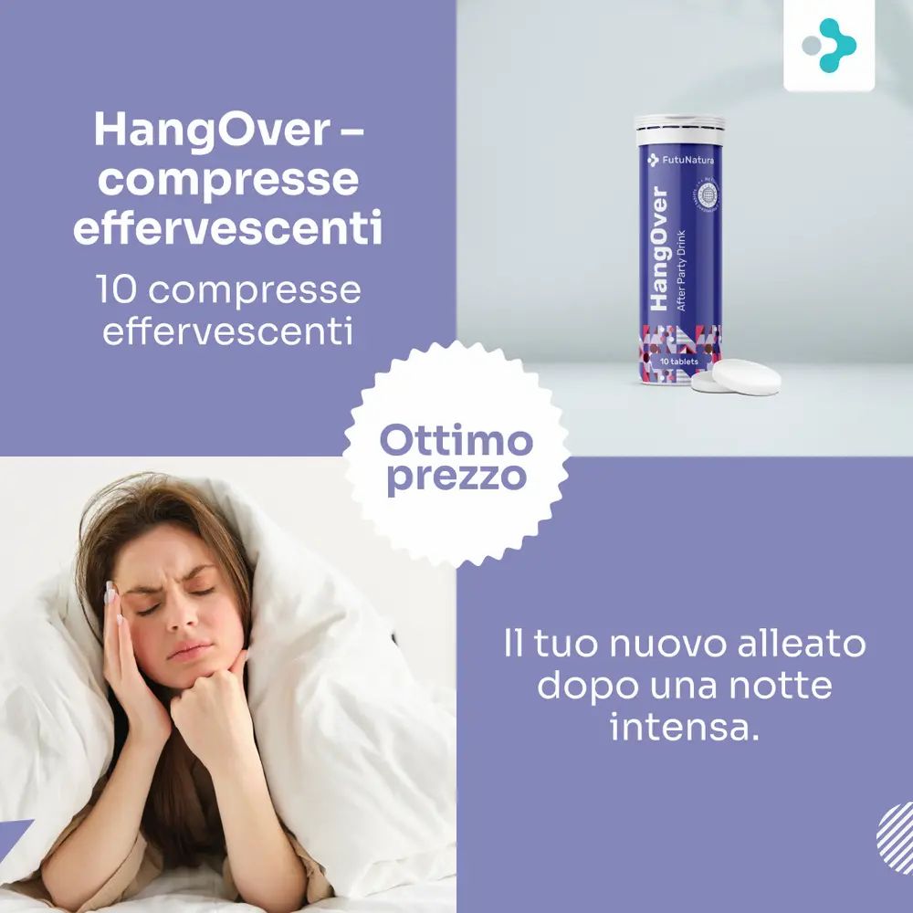 Confezione da 10 compresse effervescenti HangOver. Donna con mal di testa sotto una coperta. Testo: Il tuo nuovo migliore amico.