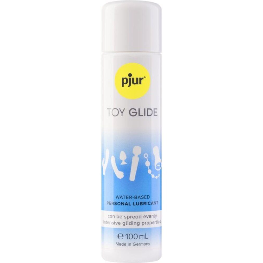 Flacone bianco con logo giallo pjur e nome prodotto "TOY GLIDE". Illustrazioni di sex toys. "WATER-BASED PERSONAL LUBRICANT". Prodotto in Germania.