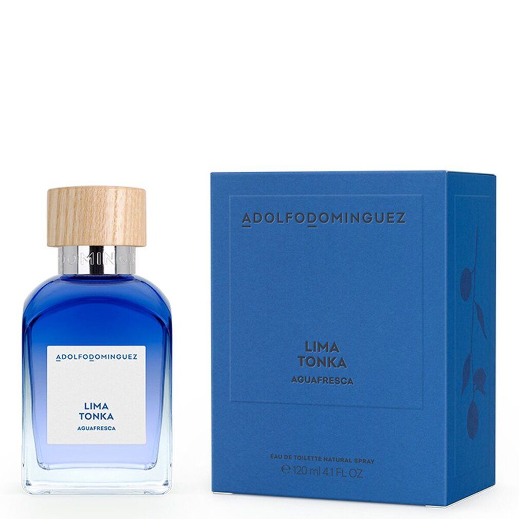 Flacone e scatola di profumo blu. Scritta: Lima Tonka, Aquafresca, Eau de Toilette. Tappo color legno.