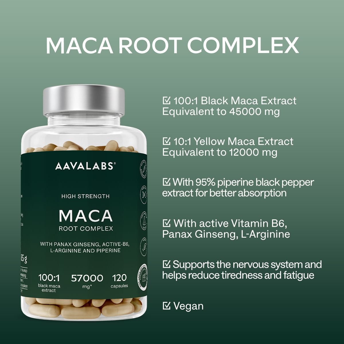 Flacone di capsule. Testo: MACA ROOT COMPLEX, 100:1, 57000 mg, 120 capsule. Informazioni aggiuntive.