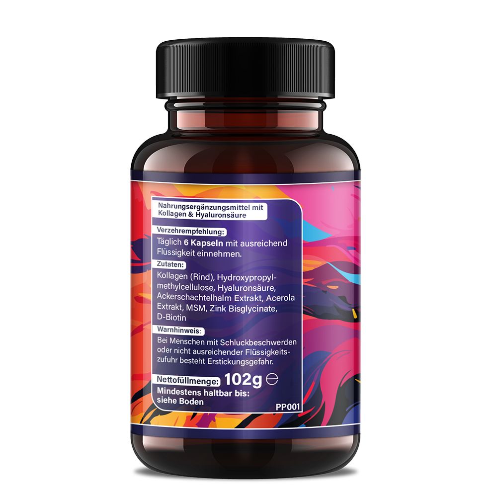 Flacone marrone con capsule. Scritta: Integratore alimentare con collagene e acido ialuronico. Contiene 102g. Retro con informazioni sugli ingredienti.