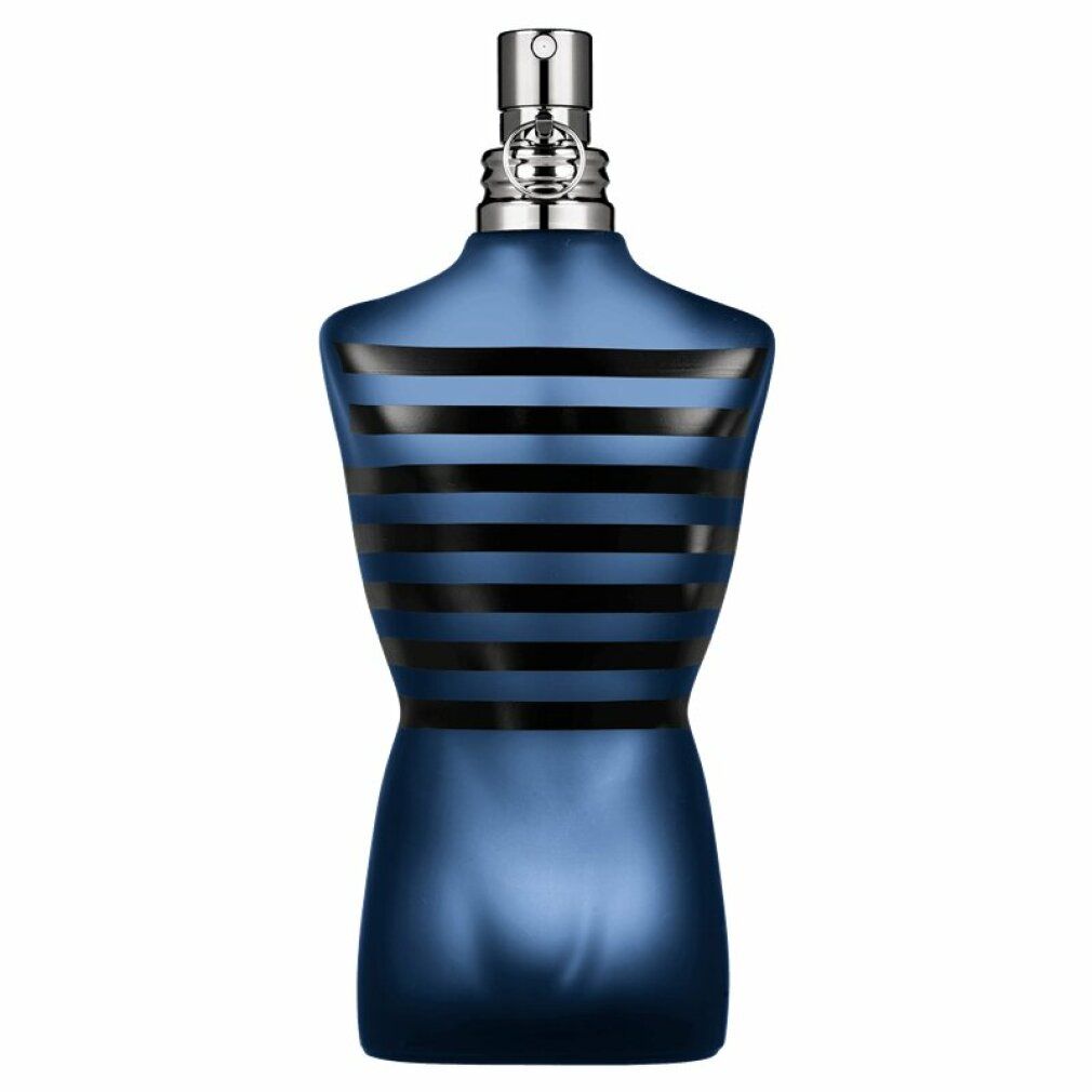 Flacone blu a forma di torso con strisce nere. Atomizzatore argentato.