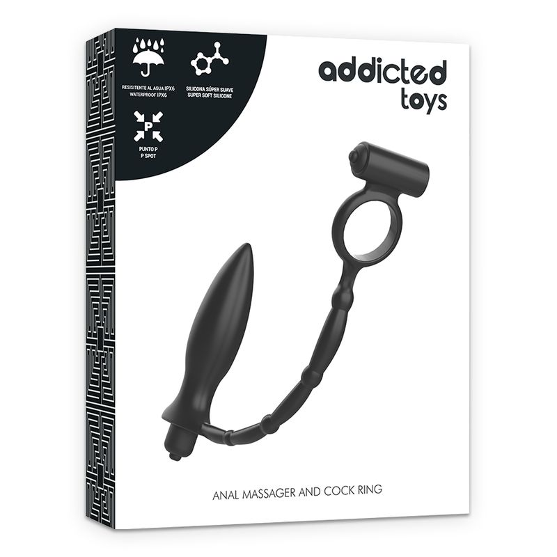 Confezione con plug anale e anello vibrante. Prodotto nero. Marchio Addicted Toys. Testo: Anal Massager and Cock Ring.