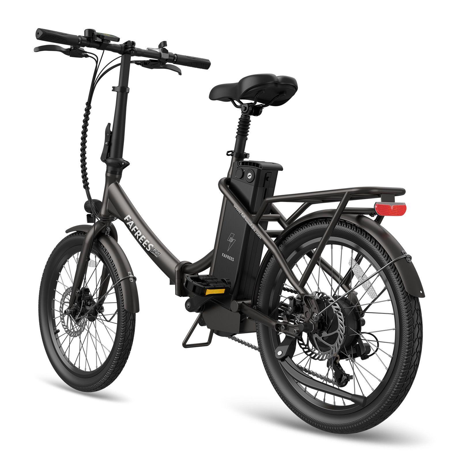 E-bike Fafrees F20, antracite. Vista posteriore. Con portapacchi, parafanghi e batteria. Marchio e nome del modello.