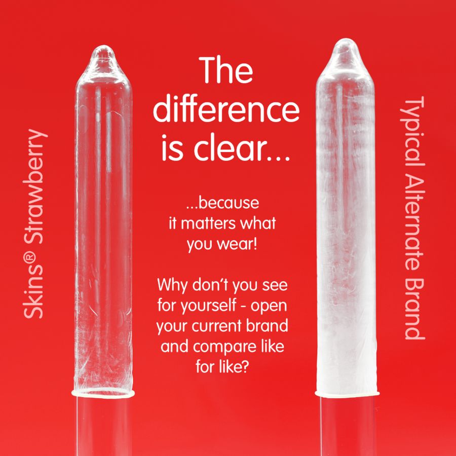 Due preservativi trasparenti affiancati. A sinistra: Skins Strawberry. A destra: Marchio alternativo tipico. Sfondo rosso.