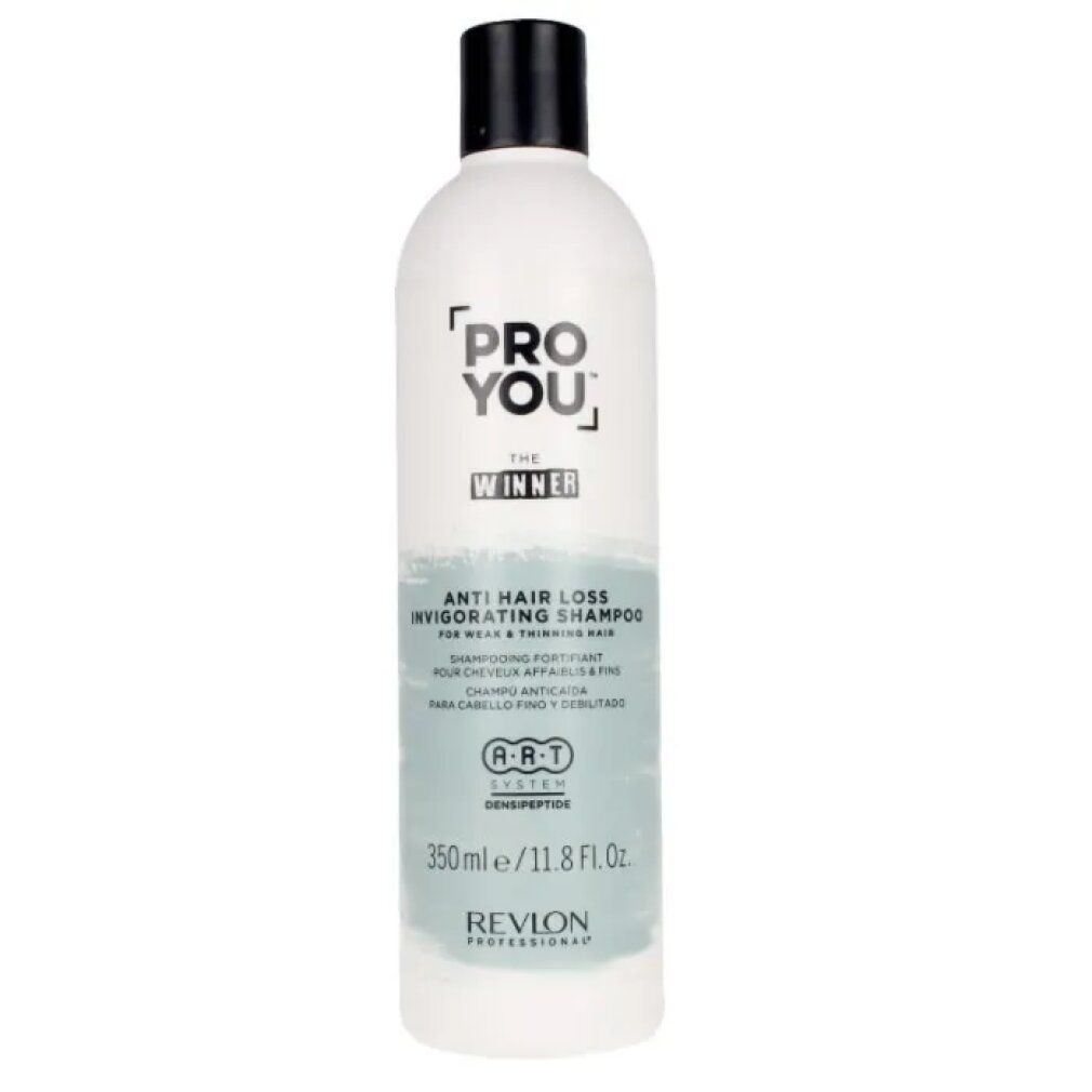 Flacone bianco con tappo nero. Scritta: PRO YOU, THE WINNER, shampoo anticaduta. Revlon Professional. 350ml.