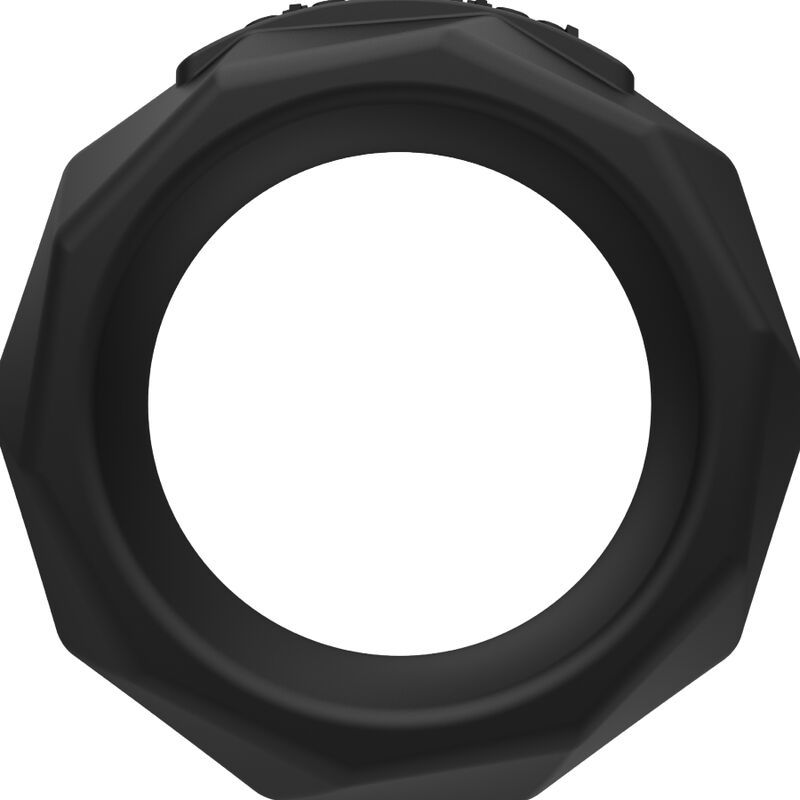 Anello nero ottagonale con esterno sfaccettato.