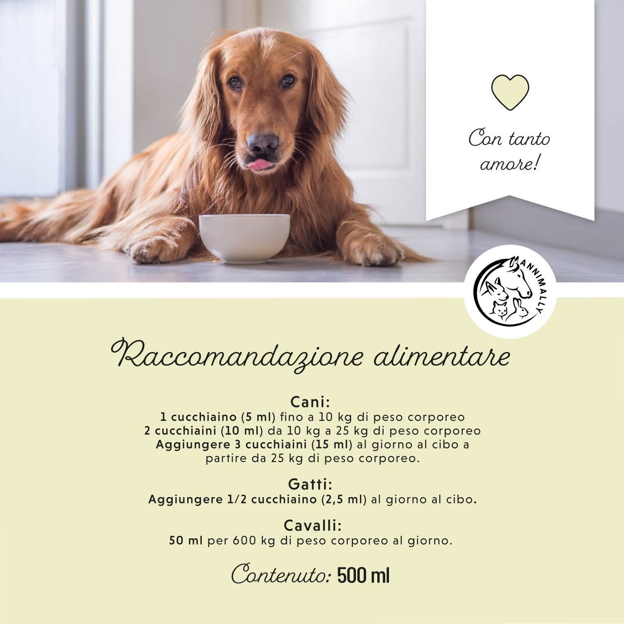 Cane con ciotola. Testo sulle raccomandazioni alimentari per cani, gatti e cavalli. 500 ml.