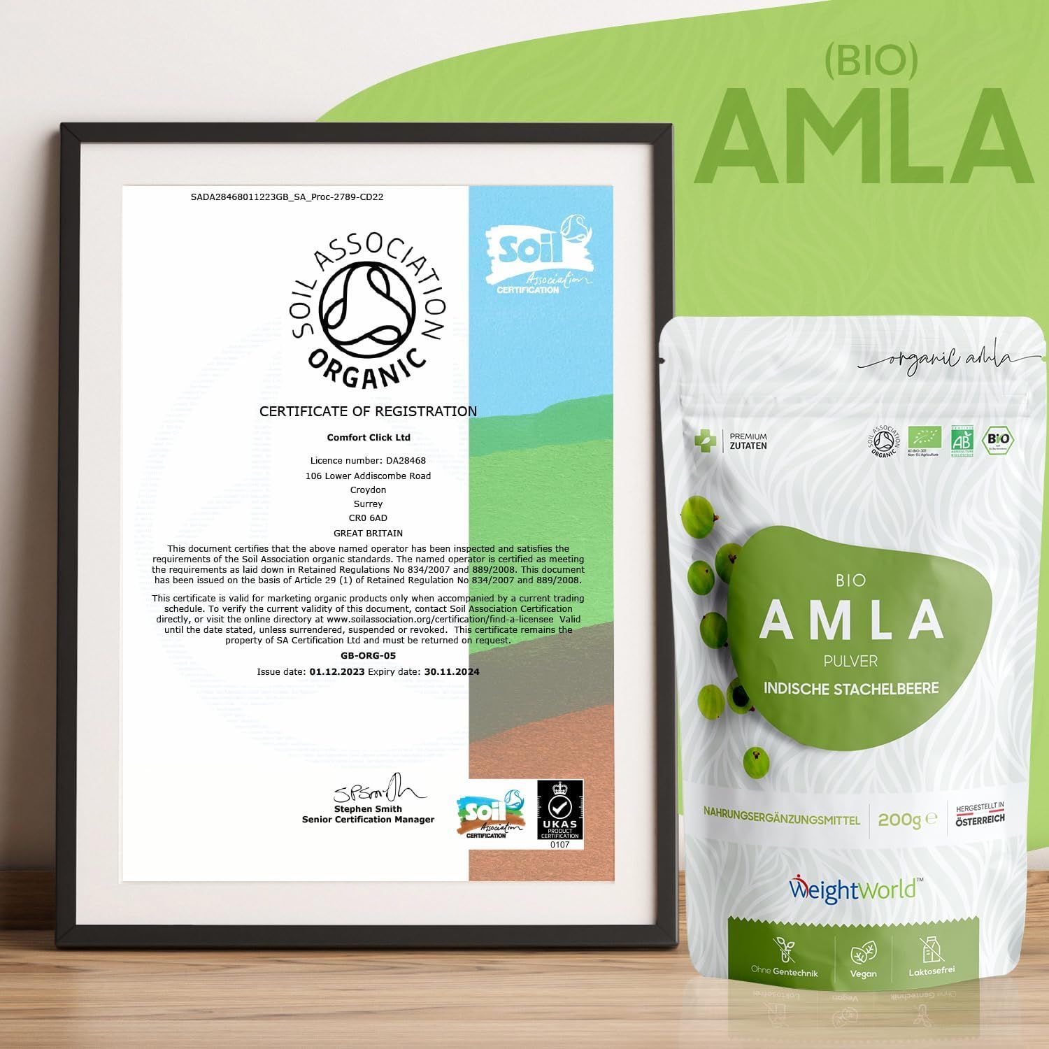 Certificato di Soil Association Organic. Accanto: busta di BIO Amla Pulver, uva spina indiana. Marchio: WeightWorld. 200g.